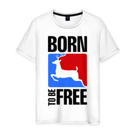 Мужская футболка хлопок с принтом Born to be free в Кировске, 100% хлопок | прямой крой, круглый вырез горловины, длина до линии бедер, слегка спущенное плечо. | Тематика изображения на принте: born | free | олень | рожден | свобода | свободный