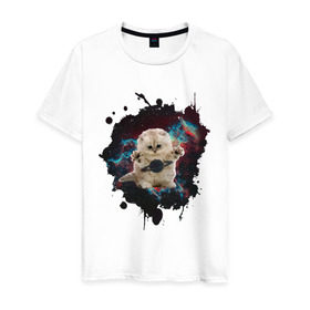 Мужская футболка хлопок с принтом Космокот в Кировске, 100% хлопок | прямой крой, круглый вырез горловины, длина до линии бедер, слегка спущенное плечо. | infinite | interstellar | space | univers | астронавт | вселенная | интерстеллар | космонавт | кот | котенок | сатурн