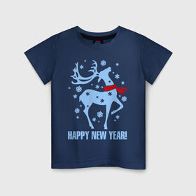 Детская футболка хлопок с принтом Олень с шарфом в Кировске, 100% хлопок | круглый вырез горловины, полуприлегающий силуэт, длина до линии бедер | new year | новый год | олень | шарф