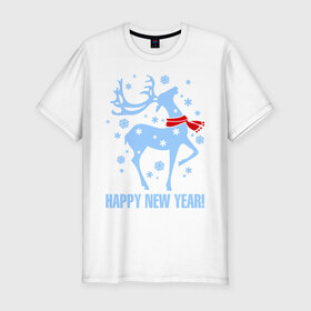 Мужская футболка премиум с принтом Олень с шарфом в Кировске, 92% хлопок, 8% лайкра | приталенный силуэт, круглый вырез ворота, длина до линии бедра, короткий рукав | new year | новый год | олень | шарф
