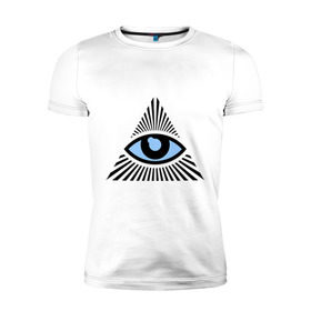 Мужская футболка премиум с принтом Всевидящее око (глаз в треугольнике) в Кировске, 92% хлопок, 8% лайкра | приталенный силуэт, круглый вырез ворота, длина до линии бедра, короткий рукав | Тематика изображения на принте: иллюминаты