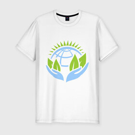 Мужская футболка премиум с принтом Планету нужно беречь в Кировске, 92% хлопок, 8% лайкра | приталенный силуэт, круглый вырез ворота, длина до линии бедра, короткий рукав | green peace | гринпис | забота | охрана | планета | природа