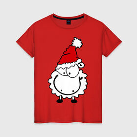 Женская футболка хлопок с принтом Счастливая овечка в Кировске, 100% хлопок | прямой крой, круглый вырез горловины, длина до линии бедер, слегка спущенное плечо | 2015 | new year | новый год | овечка | овца | счастье