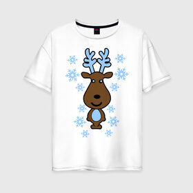 Женская футболка хлопок Oversize с принтом Милый олень и снежинки в Кировске, 100% хлопок | свободный крой, круглый ворот, спущенный рукав, длина до линии бедер
 | new year | новый год | олень | снег | снежинки