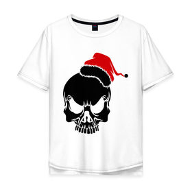 Мужская футболка хлопок Oversize с принтом Череп в новогодней шапке в Кировске, 100% хлопок | свободный крой, круглый ворот, “спинка” длиннее передней части | Тематика изображения на принте: скелет