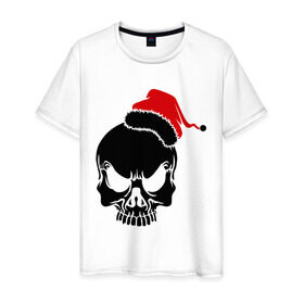 Мужская футболка хлопок с принтом Череп в новогодней шапке в Кировске, 100% хлопок | прямой крой, круглый вырез горловины, длина до линии бедер, слегка спущенное плечо. | Тематика изображения на принте: скелет