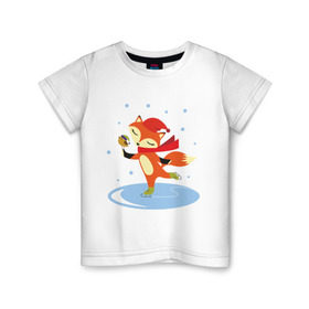 Детская футболка хлопок с принтом Лиса на коньках в Кировске, 100% хлопок | круглый вырез горловины, полуприлегающий силуэт, длина до линии бедер | лиса