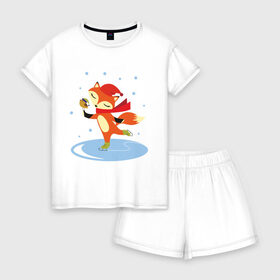 Женская пижама с шортиками хлопок с принтом Лиса на коньках в Кировске, 100% хлопок | футболка прямого кроя, шорты свободные с широкой мягкой резинкой | лиса