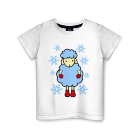 Детская футболка хлопок с принтом Барашек и снежинки в Кировске, 100% хлопок | круглый вырез горловины, полуприлегающий силуэт, длина до линии бедер | барашек | зима | новый год | овечка | овца | снег | снежинки