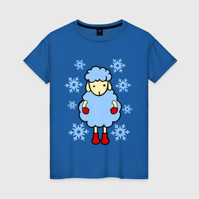 Женская футболка хлопок с принтом Барашек и снежинки в Кировске, 100% хлопок | прямой крой, круглый вырез горловины, длина до линии бедер, слегка спущенное плечо | барашек | зима | новый год | овечка | овца | снег | снежинки