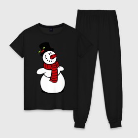 Женская пижама хлопок с принтом Весёлый снеговик в Кировске, 100% хлопок | брюки и футболка прямого кроя, без карманов, на брюках мягкая резинка на поясе и по низу штанин | new year | новый год | рождество | снеговик