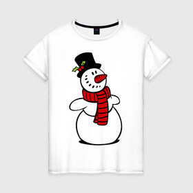Женская футболка хлопок с принтом Весёлый снеговик в Кировске, 100% хлопок | прямой крой, круглый вырез горловины, длина до линии бедер, слегка спущенное плечо | new year | новый год | рождество | снеговик