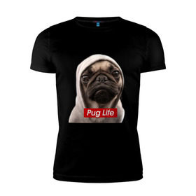 Мужская футболка премиум с принтом Pug life в Кировске, 92% хлопок, 8% лайкра | приталенный силуэт, круглый вырез ворота, длина до линии бедра, короткий рукав | Тематика изображения на принте: pug life | жизнь | капюшон | мопс | собака