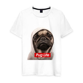 Мужская футболка хлопок с принтом Pug life в Кировске, 100% хлопок | прямой крой, круглый вырез горловины, длина до линии бедер, слегка спущенное плечо. | Тематика изображения на принте: pug life | жизнь | капюшон | мопс | собака