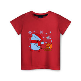 Детская футболка хлопок с принтом Снеговик с санками в Кировске, 100% хлопок | круглый вырез горловины, полуприлегающий силуэт, длина до линии бедер | new year | белка | новый год | сани | снеговик