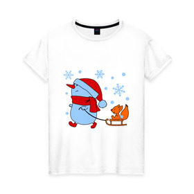 Женская футболка хлопок с принтом Снеговик с санками в Кировске, 100% хлопок | прямой крой, круглый вырез горловины, длина до линии бедер, слегка спущенное плечо | new year | белка | новый год | сани | снеговик