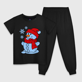 Детская пижама хлопок с принтом Снеговик и снежинки в Кировске, 100% хлопок |  брюки и футболка прямого кроя, без карманов, на брюках мягкая резинка на поясе и по низу штанин
 | зима | новый год | снег | снеговик | снежинки