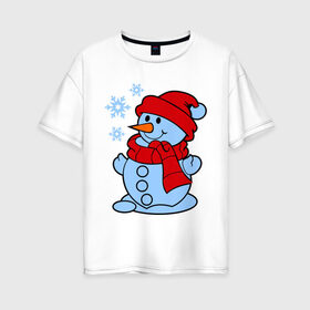 Женская футболка хлопок Oversize с принтом Снеговик и снежинки в Кировске, 100% хлопок | свободный крой, круглый ворот, спущенный рукав, длина до линии бедер
 | зима | новый год | снег | снеговик | снежинки