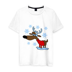 Мужская футболка хлопок с принтом Олень в снегу в Кировске, 100% хлопок | прямой крой, круглый вырез горловины, длина до линии бедер, слегка спущенное плечо. | new year | новый год | олень | снег