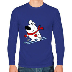 Мужской лонгслив хлопок с принтом Мишка на лыжах. в Кировске, 100% хлопок |  | белый | зима | лыжи | медведь | мишка | новый год