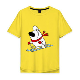Мужская футболка хлопок Oversize с принтом Мишка на лыжах. в Кировске, 100% хлопок | свободный крой, круглый ворот, “спинка” длиннее передней части | Тематика изображения на принте: белый | зима | лыжи | медведь | мишка | новый год