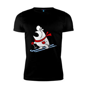 Мужская футболка премиум с принтом Мишка на лыжах. в Кировске, 92% хлопок, 8% лайкра | приталенный силуэт, круглый вырез ворота, длина до линии бедра, короткий рукав | Тематика изображения на принте: белый | зима | лыжи | медведь | мишка | новый год