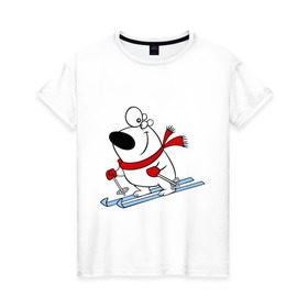Женская футболка хлопок с принтом Мишка на лыжах. в Кировске, 100% хлопок | прямой крой, круглый вырез горловины, длина до линии бедер, слегка спущенное плечо | белый | зима | лыжи | медведь | мишка | новый год