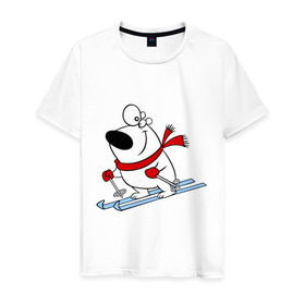 Мужская футболка хлопок с принтом Мишка на лыжах. в Кировске, 100% хлопок | прямой крой, круглый вырез горловины, длина до линии бедер, слегка спущенное плечо. | белый | зима | лыжи | медведь | мишка | новый год