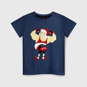 Детская футболка хлопок с принтом Санта бодибилдер в Кировске, 100% хлопок | круглый вырез горловины, полуприлегающий силуэт, длина до линии бедер | Тематика изображения на принте: 2015 | бодибилдер | культурист | новый год | рождество | санта