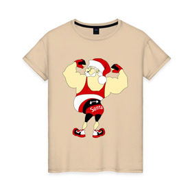 Женская футболка хлопок с принтом Санта бодибилдер в Кировске, 100% хлопок | прямой крой, круглый вырез горловины, длина до линии бедер, слегка спущенное плечо | 2015 | бодибилдер | культурист | новый год | рождество | санта