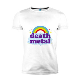 Мужская футболка премиум с принтом Rainbow death metal в Кировске, 92% хлопок, 8% лайкра | приталенный силуэт, круглый вырез ворота, длина до линии бедра, короткий рукав | будь металистом | волшебство | метал | музыка | оставайся рокером | прикол | радуга | рок | рокерам
