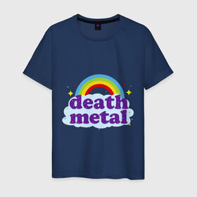 Мужская футболка хлопок с принтом Rainbow death metal в Кировске, 100% хлопок | прямой крой, круглый вырез горловины, длина до линии бедер, слегка спущенное плечо. | будь металистом | волшебство | метал | музыка | оставайся рокером | прикол | радуга | рок | рокерам