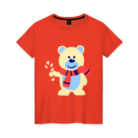 Женская футболка хлопок с принтом Мишка в Кировске, 100% хлопок | прямой крой, круглый вырез горловины, длина до линии бедер, слегка спущенное плечо | конфета | леденец | медведь | мишка | нг | новый год | шарф