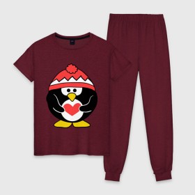 Женская пижама хлопок с принтом Пингвин с сердцем в Кировске, 100% хлопок | брюки и футболка прямого кроя, без карманов, на брюках мягкая резинка на поясе и по низу штанин | пингвин