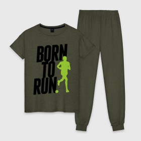 Женская пижама хлопок с принтом Рожден для бега в Кировске, 100% хлопок | брюки и футболка прямого кроя, без карманов, на брюках мягкая резинка на поясе и по низу штанин | born to run | run | бегать | рожден | рожден бежать