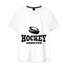 Мужская футболка хлопок с принтом Хоккей - зависимый в Кировске, 100% хлопок | прямой крой, круглый вырез горловины, длина до линии бедер, слегка спущенное плечо. | addicted | hockey | зависимость | хоккей