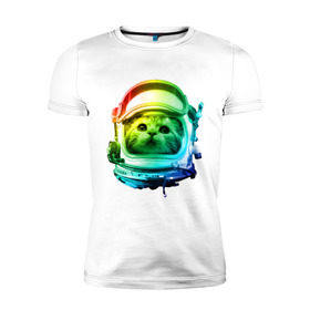 Мужская футболка премиум с принтом Кот космонавт в Кировске, 92% хлопок, 8% лайкра | приталенный силуэт, круглый вырез ворота, длина до линии бедра, короткий рукав | space | астронавт | животные | звезды | космос | кот | кошка | мордочка | шлем