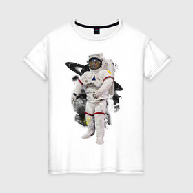 Женская футболка хлопок с принтом Сова космонавт в Кировске, 100% хлопок | прямой крой, круглый вырез горловины, длина до линии бедер, слегка спущенное плечо | сова
