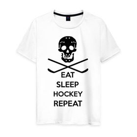 Мужская футболка хлопок с принтом Eat sleep hockey repeat в Кировске, 100% хлопок | прямой крой, круглый вырез горловины, длина до линии бедер, слегка спущенное плечо. | 