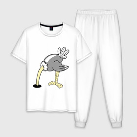 Мужская пижама хлопок с принтом Страус в Кировске, 100% хлопок | брюки и футболка прямого кроя, без карманов, на брюках мягкая резинка на поясе и по низу штанин
 | пара | страус