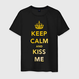 Мужская футболка хлопок с принтом Keep calm and kiss me в Кировске, 100% хлопок | прямой крой, круглый вырез горловины, длина до линии бедер, слегка спущенное плечо. | Тематика изображения на принте: keep calm | kiss | золото | поцелуй | сохраняй спокойствие