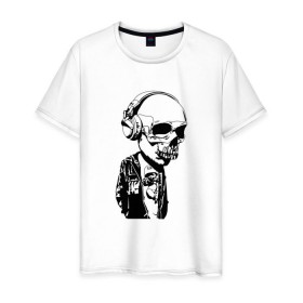 Мужская футболка хлопок с принтом Череп в наушниках в Кировске, 100% хлопок | прямой крой, круглый вырез горловины, длина до линии бедер, слегка спущенное плечо. | 
