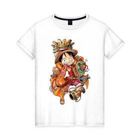 Женская футболка хлопок с принтом Луффи- король пиратов в Кировске, 100% хлопок | прямой крой, круглый вырез горловины, длина до линии бедер, слегка спущенное плечо | anime | mugivara | one piece | pirates | аниме | ванпис | король | кубок | луффи | манга | мугивары | оба | пираты