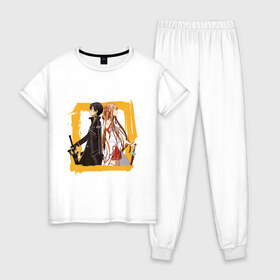 Женская пижама хлопок с принтом Asuna & Kirito в Кировске, 100% хлопок | брюки и футболка прямого кроя, без карманов, на брюках мягкая резинка на поясе и по низу штанин | anime | asuna | kirito | sao | sword art online | аниме | асуна | виртуальная реальность | игры | кирито | мечи | сворд арт онлайн