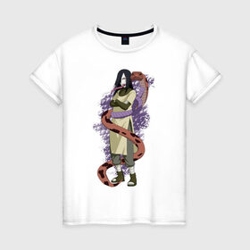 Женская футболка хлопок с принтом Орочимару в Кировске, 100% хлопок | прямой крой, круглый вырез горловины, длина до линии бедер, слегка спущенное плечо | дзютсу | змея | орочимару