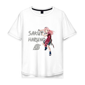 Мужская футболка хлопок Oversize с принтом Сакура Харуно в Кировске, 100% хлопок | свободный крой, круглый ворот, “спинка” длиннее передней части | sakura | дзютсу | сакура