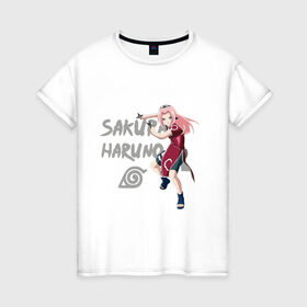Женская футболка хлопок с принтом Сакура Харуно в Кировске, 100% хлопок | прямой крой, круглый вырез горловины, длина до линии бедер, слегка спущенное плечо | sakura | дзютсу | сакура