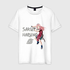 Мужская футболка хлопок с принтом Сакура Харуно в Кировске, 100% хлопок | прямой крой, круглый вырез горловины, длина до линии бедер, слегка спущенное плечо. | sakura | дзютсу | сакура