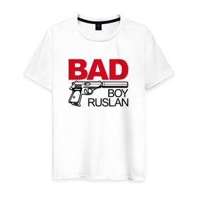 Мужская футболка хлопок с принтом Руслан, плохой, парень в Кировске, 100% хлопок | прямой крой, круглый вырез горловины, длина до линии бедер, слегка спущенное плечо. | bad boy