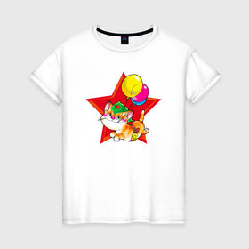 Женская футболка хлопок с принтом Кот с воздушными шарами в Кировске, 100% хлопок | прямой крой, круглый вырез горловины, длина до линии бедер, слегка спущенное плечо | 